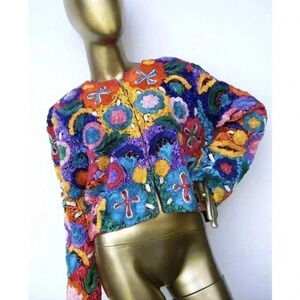 Vintage Silk Ribbon Boxy Bolero Jacket 90s Bead Embellished Flower Pearl Rainbow